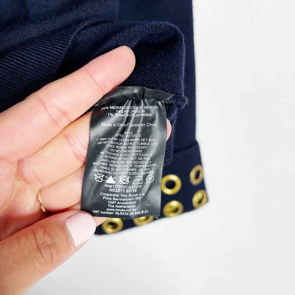 Tory Burch Navy Blue Small S Grommet Turtleneck Sweater Merino Wool Thick Knit - Picture 9 of 11